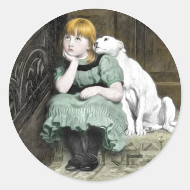 Hunde Adoring Girl Viktorianisch Painting Runder Aufkleber (Vorderseite)