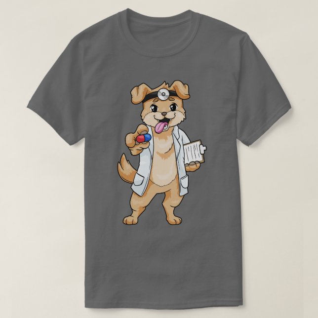 Hunde als Arzt mit Tabletten und Notizblock T-Shirt (Design vorne)
