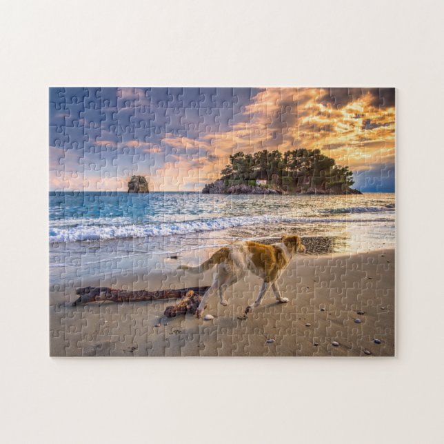Hunde am Strand bei Sunset Puzzle (Horizontal)