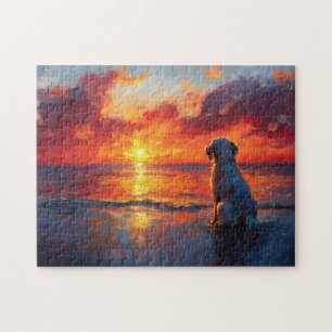 Hunde am Strand beim Sonnenuntergang Puzzle