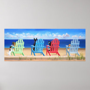 Hunde auf Regenbogen Adirondack-Stühlen am Strand Poster