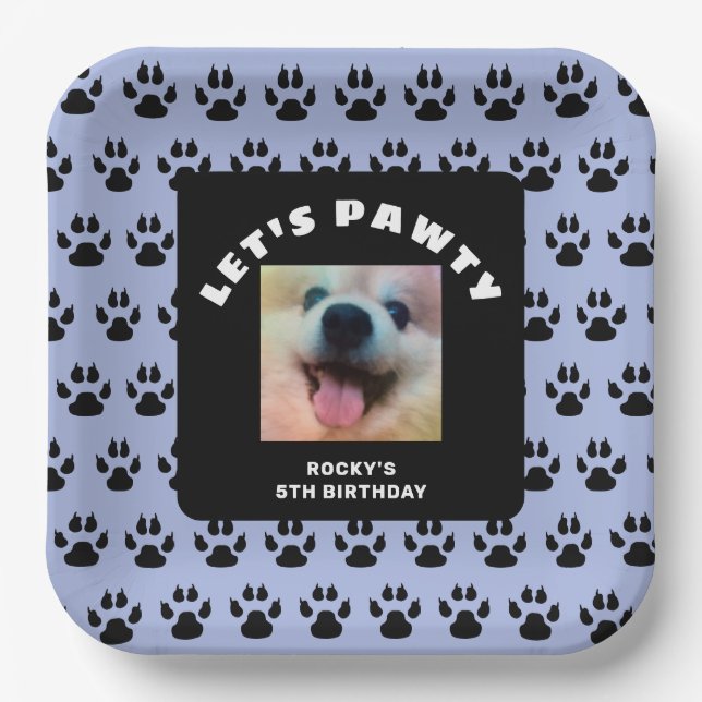 Hunde Birthday Party Blue Paw Prints Custom Foto Pappteller (Vorderseite)