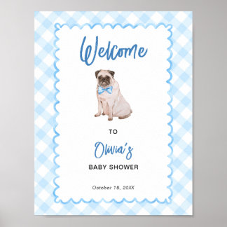 Hunde Blau Gingham Babyparty Willkommensschild Poster