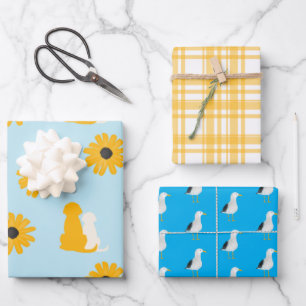 Hunde, Blume, Möwen, Kariertes Set von 3 Geschenkg Geschenkpapier Set