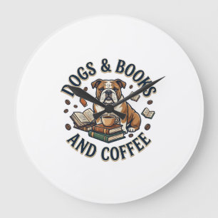 Hunde Bücher Kaffee Bulldogge Stapel Tasse_1 Große Wanduhr