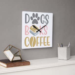 Hunde Bücher Kaffee Quadratische Wanduhr