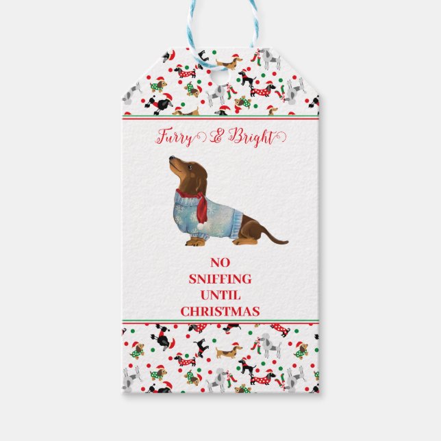 Hunde Dackel durch Schnee Weihnachtsfurcht hell Geschenkanhänger (Vorderseite)
