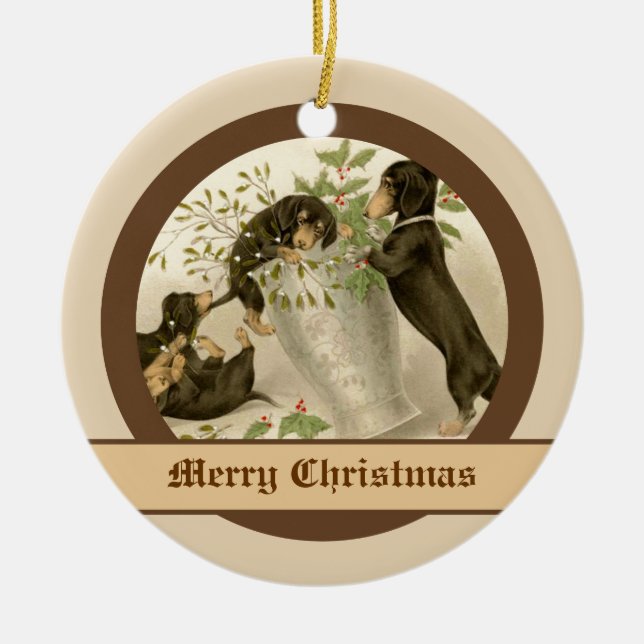 Hunde, die mit Weihnachtsgeschmack und Heilige Bee Keramikornament (Vorne)