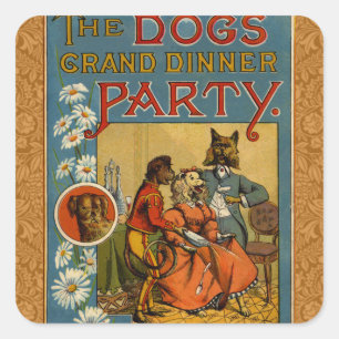 Hunde-Dinnerparty Vintage-Hundeillustration Quadratischer Aufkleber