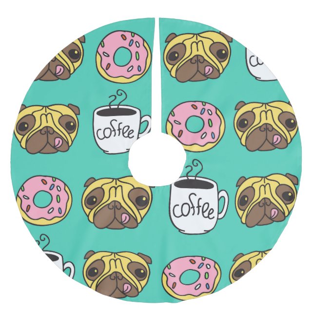 Hunde, Donuts, Kaffeemuster. Polyester Weihnachtsbaumdecke (Vorderseite)