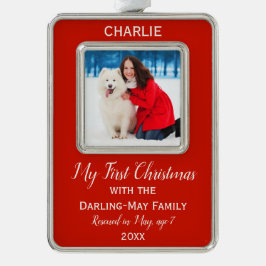 Hunde Erste Weihnachten Personalisiertes Foto Sake Rahmen-Ornament Silber