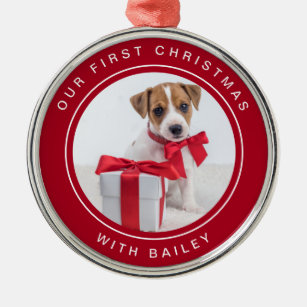 Hunde - Erste Weihnachten   Rot und Weiß mit Foto Ornament Aus Metall