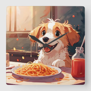 Hunde essen Spaghetti Quadratische Wanduhr