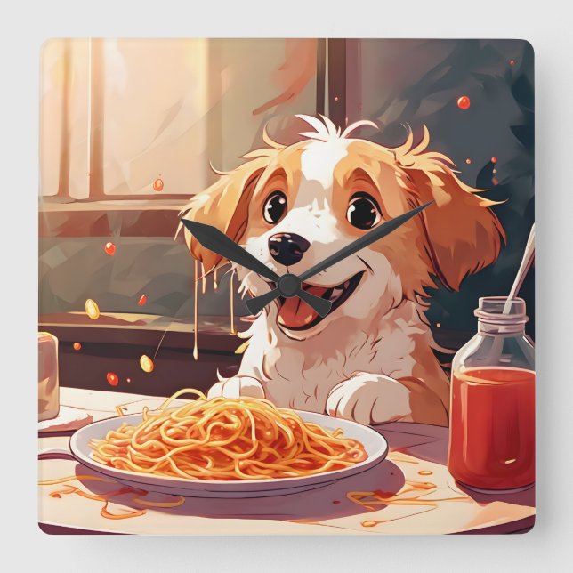 Hunde essen Spaghetti Quadratische Wanduhr (Vorderseite)