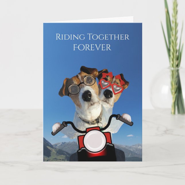 Hunde fahren auf einem Motorrad für Hochzeitsankün Ankündigung (Vorderseite)