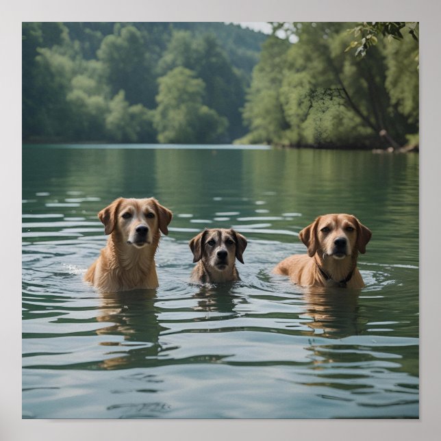 Hunde Familie Schwimmen im See - Ruhe Natur Art Poster (Vorne)