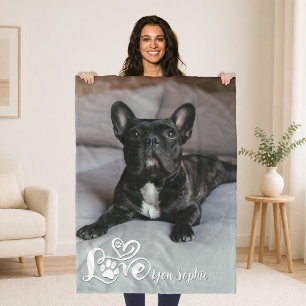 Hunde-Fan-Foto LIEBE DICH NAME Pfotenabdrücke Herz Fleecedecke