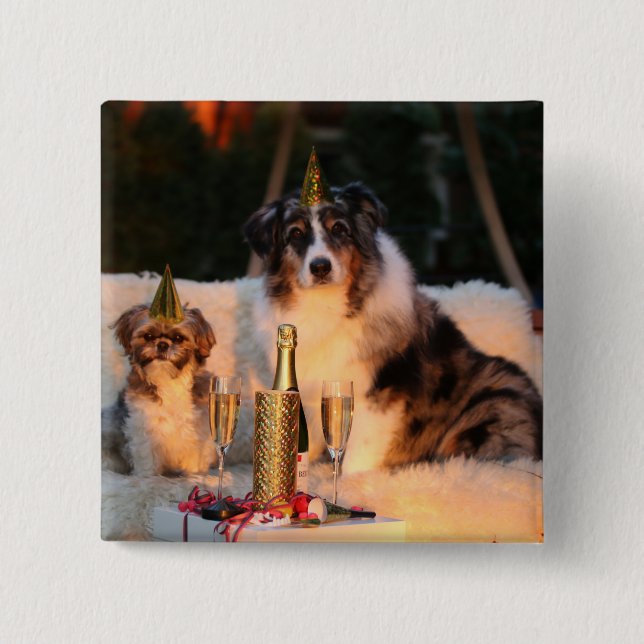 Hunde feiern neues Jahr Button (Vorderseite)