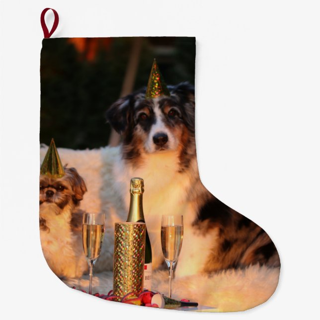Hunde feiern neues Jahr Großer Weihnachtsstrumpf (Vorderseite)