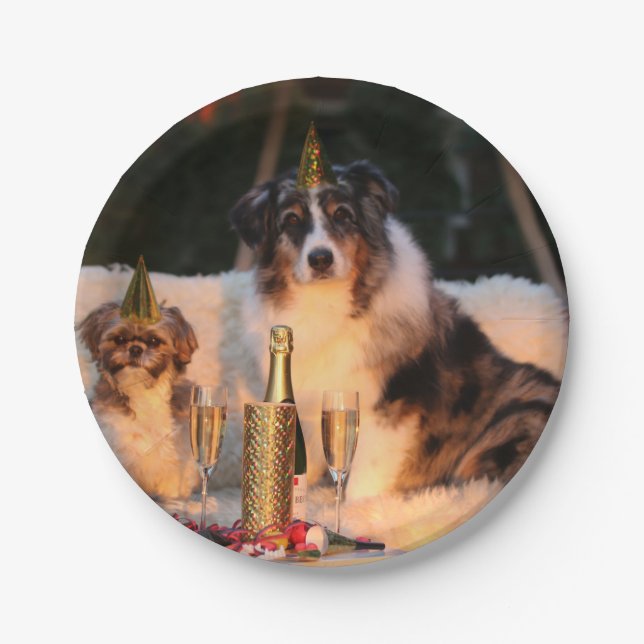 Hunde feiern neues Jahr Pappteller (Vorderseite)