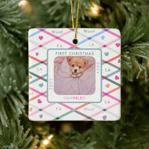 Hunde-Foto Erstes Weihnachten Wuff Pastell-Muster Keramikornament