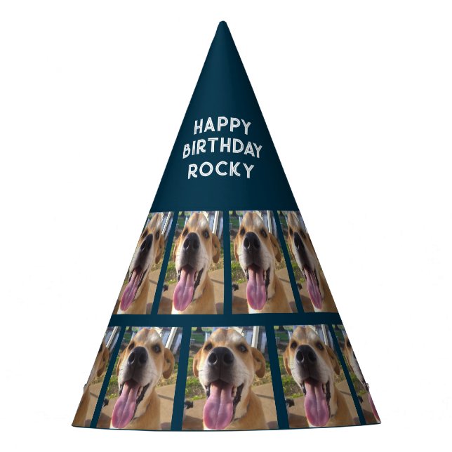 Hunde Foto Happy Birthday Navy Blau Personalisiert Partyhütchen (Vorderseite)