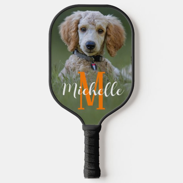 Hunde-Foto Moderner Name für Monogramm-Skript, ben Pickleball Schläger (Vorderseite)