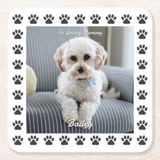 Hunde Foto, Name, in liebender Erinnerung, Paw Pri Rechteckiger Pappuntersetzer (Vorderseite)