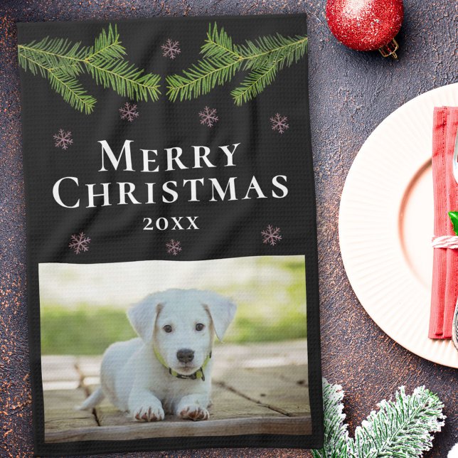 Hunde Foto Pine Schneeflocken Frohe Weihnachten Geschirrtuch (Von Creator hochgeladen)