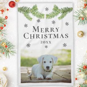 Hunde Foto Pine Schneeflocken Frohe Weihnachten Geschirrtuch