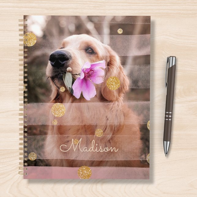 Hunde Foto Rosa Ribbon Chic Goldener Glitzer Name Planer (Von Creator hochgeladen)