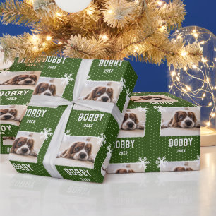 Hunde-Foto-Schneeflocken Grün Haustier Name Weihna Geschenkpapier