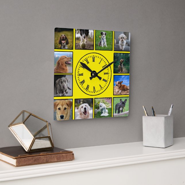Hunde-Fotos sammeln sich auf gelbem Hintergrund Quadratische Wanduhr (Büro)