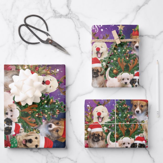 Hunde frohe Weihnachtslicht Geschenkpapier Set (Vorderseite)