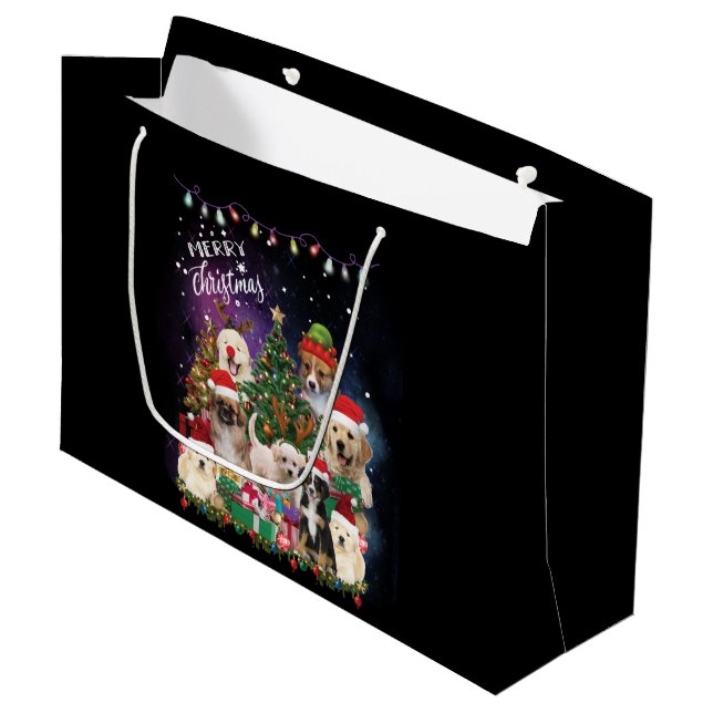 Hunde frohe Weihnachtslicht Große Geschenktüte (Vorderseite Schrägansicht)
