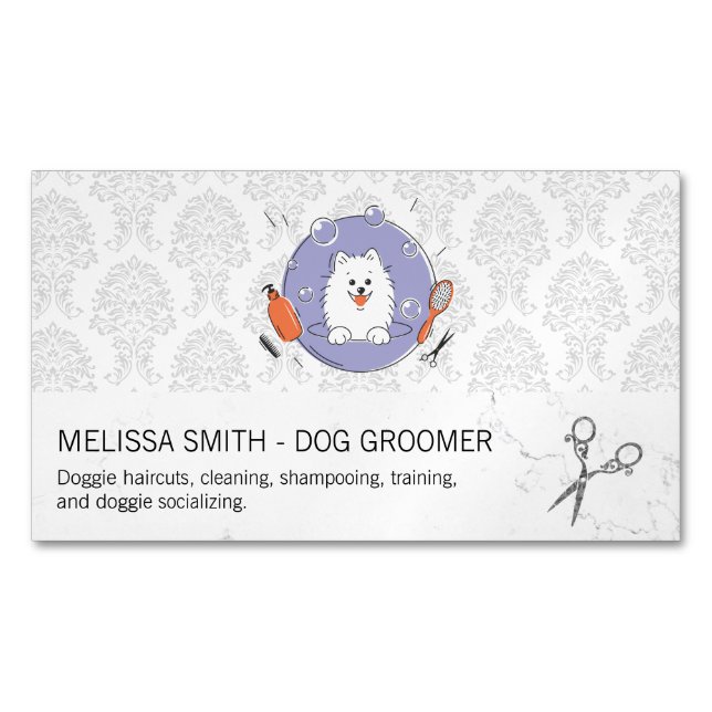 Hunde-Groomer-Logo | Damask Muster Magnetische Visitenkarte (Vorderseite)