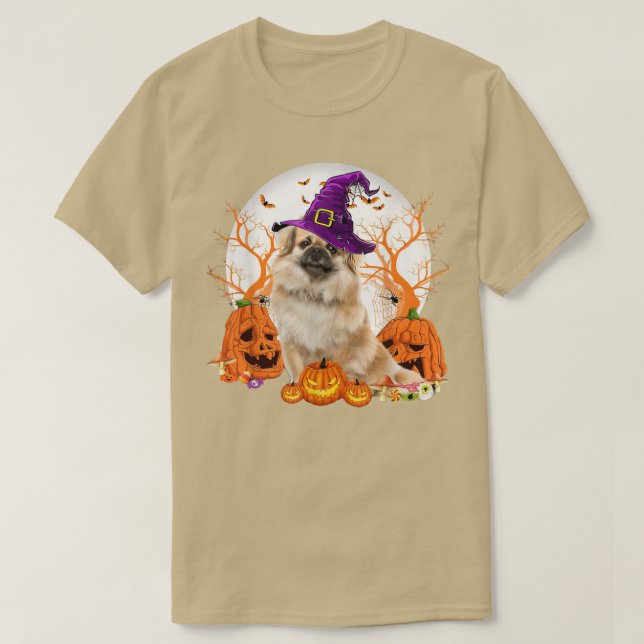 Hunde Halloween Tibetanischer Spanierin Kürbislate T-Shirt (Design vorne)