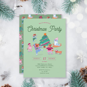 Hunde Ice Skaten Pistachio Grün Weihnachten Party Einladung