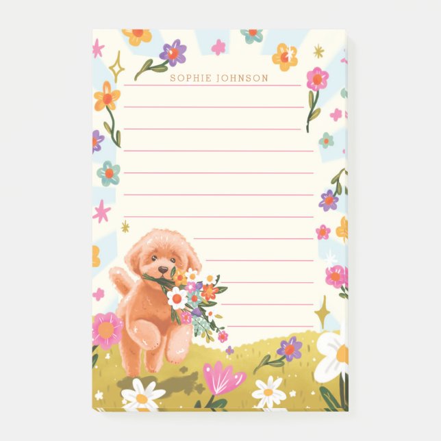 Hunde-Illustration Süße Frühlingsblumen Floral Wei Post-it Klebezettel (Vorderseite)