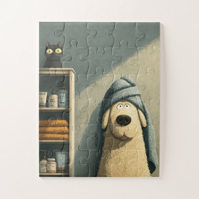 Hunde im Handtuch mit Cat Jigsaw Puzzle (Vertikal)