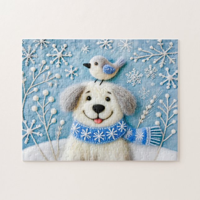 Hunde im Schnee mit Scarf und Vogel fühlen Puzzle (Horizontal)