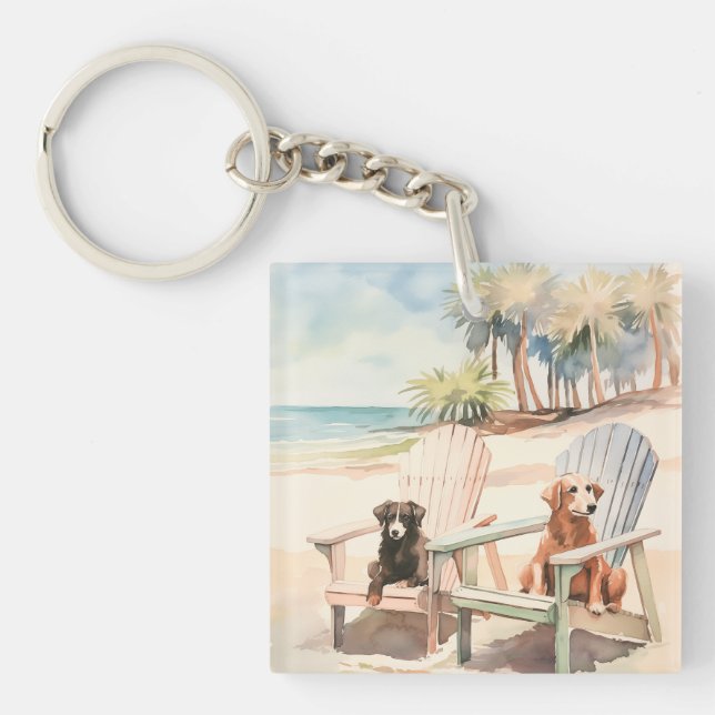 Hunde in Adirondack Stühlen am Küstenstrand Schlüsselanhänger (Vorderseite)