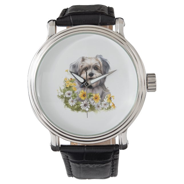 Hunde in einem Blumengarten Armbanduhr (Vorderseite)