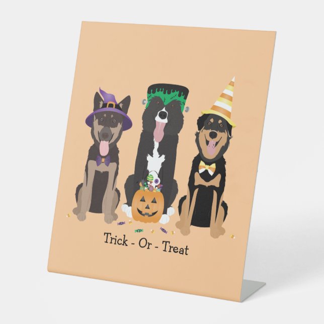Hunde in Halloween-Kostümen probieren oder behande Sockelschild (Vorderseite)