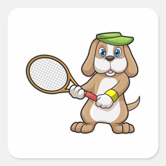 Hunde in Tennis mit Tennisschläger & Cap Quadratischer Aufkleber (Vorderseite)
