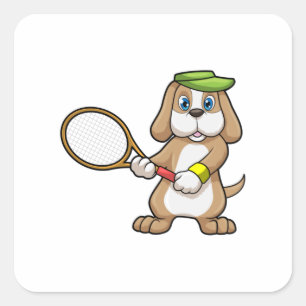 Hunde in Tennis mit Tennisschläger & Cap Quadratischer Aufkleber