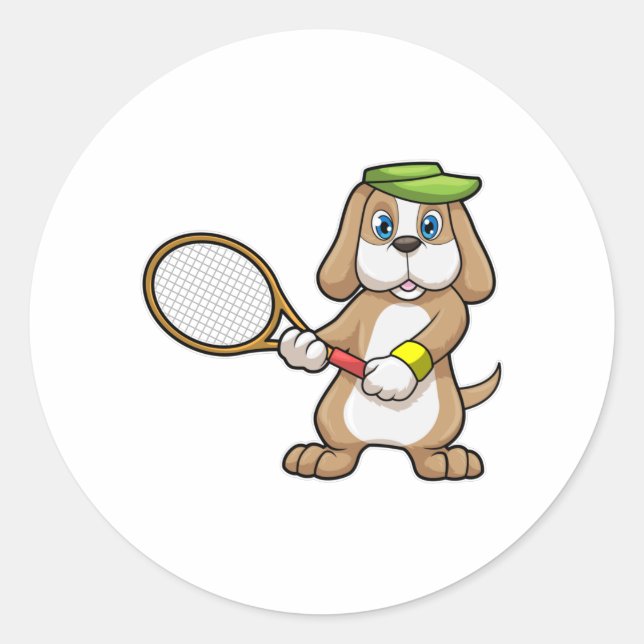 Hunde in Tennis mit Tennisschläger & Cap Runder Aufkleber (Vorderseite)