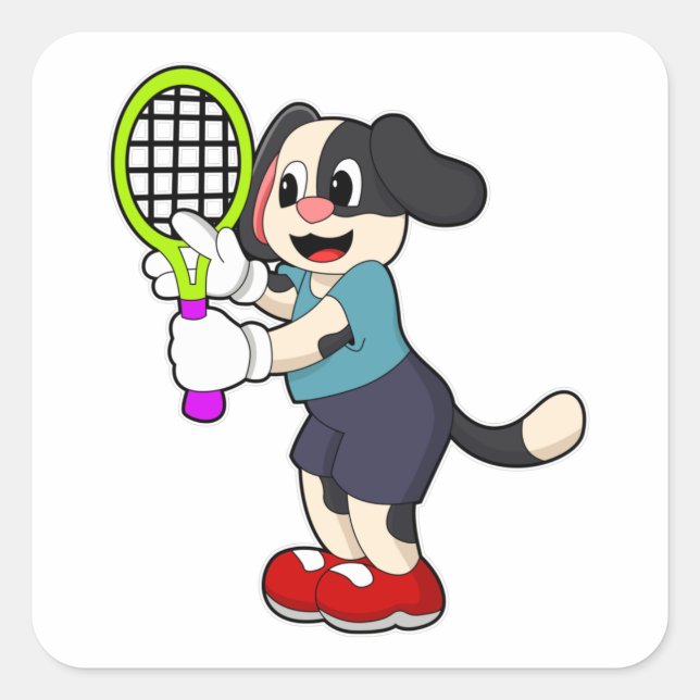 Hunde in Tennis mit Tennisschläger Quadratischer Aufkleber (Vorderseite)