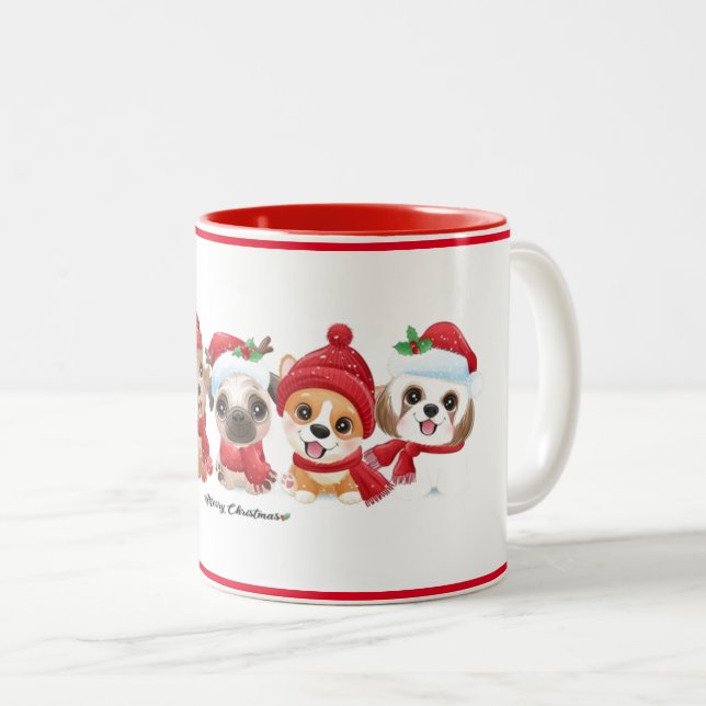 Hunde in Weihnachtsmannmützen Tiere Welpen Moderne Zweifarbige Tasse (VorderseiteRechts)