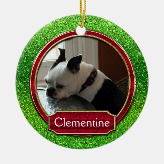 Hunde Katze Foto Green Red Sparkle Weihnachten Keramikornament (Vorne)